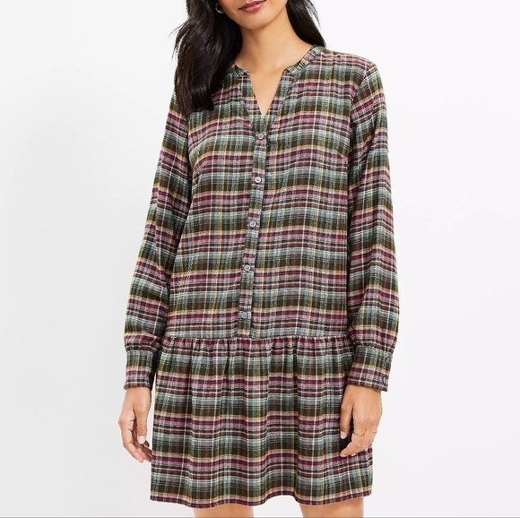 LOFT Plaid Mini Dress - Green, Pink, Black - Picture 1 of 8